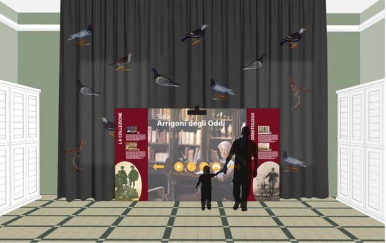 Display interattivo nella Sala Arrigoni del Museo Civico di Zoologia di Roma, con uccelli sospesi e silhouette di visitatori.